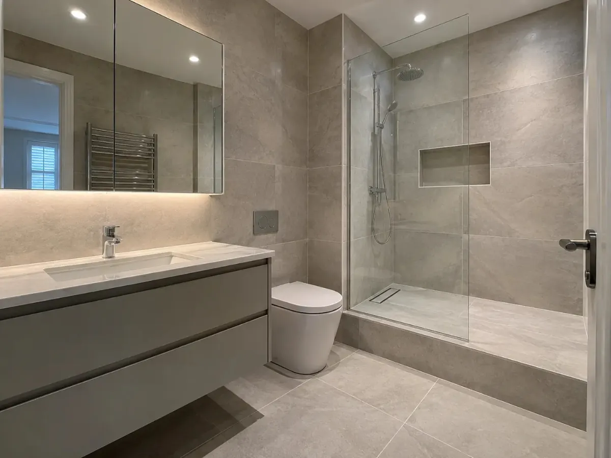 Kensington bathroom renovation with walk-in glass shower, tiled walls, recessed niche and modern toilet
