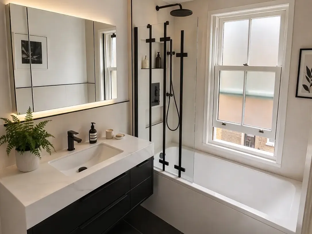 Modern bathroom remodel with walk-in shower and floating vanity in Windsor, Berkshire