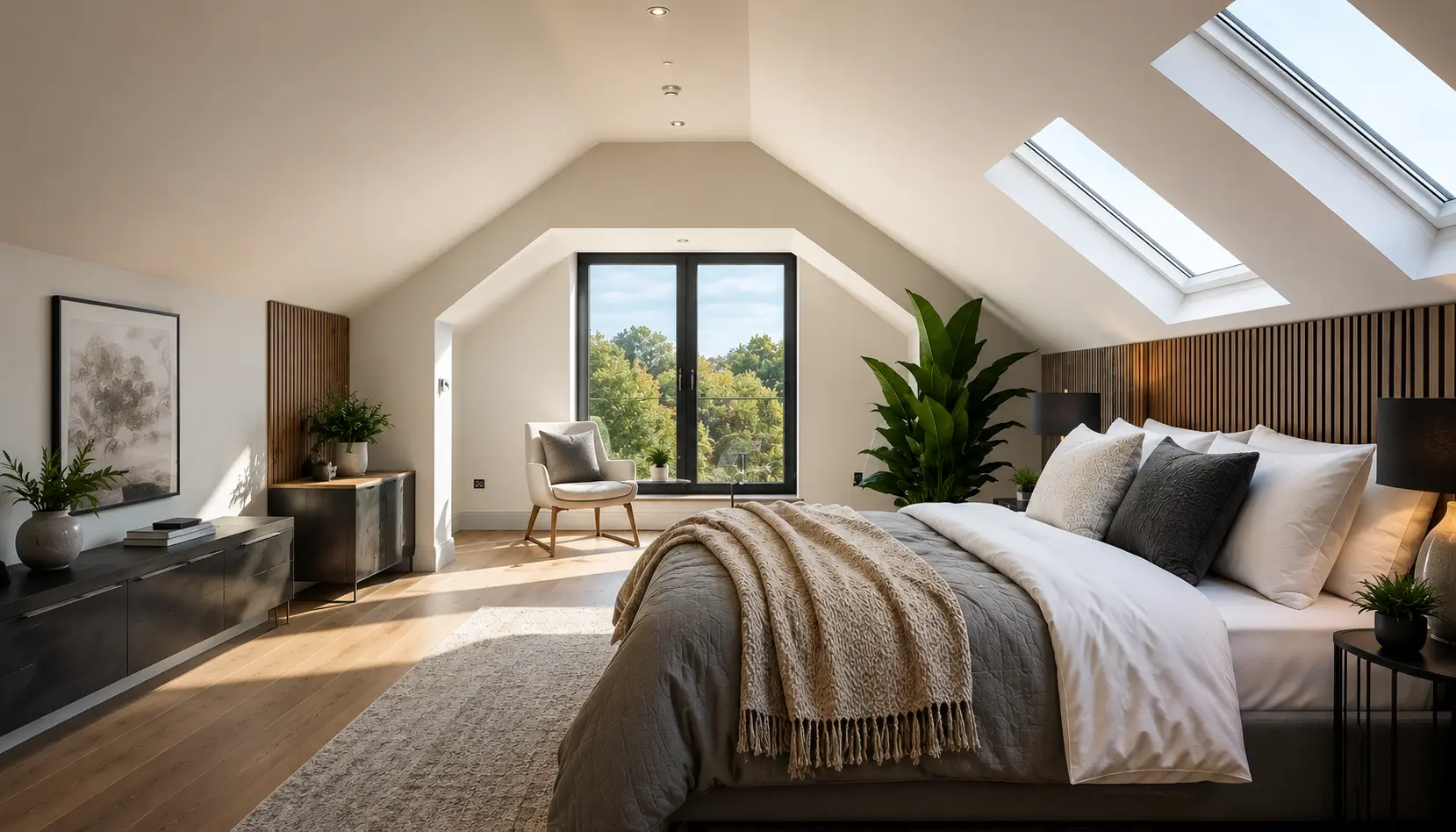 Modern loft conversion bedroom in London with roof windows, bespoke storage and an en-suite bathroom