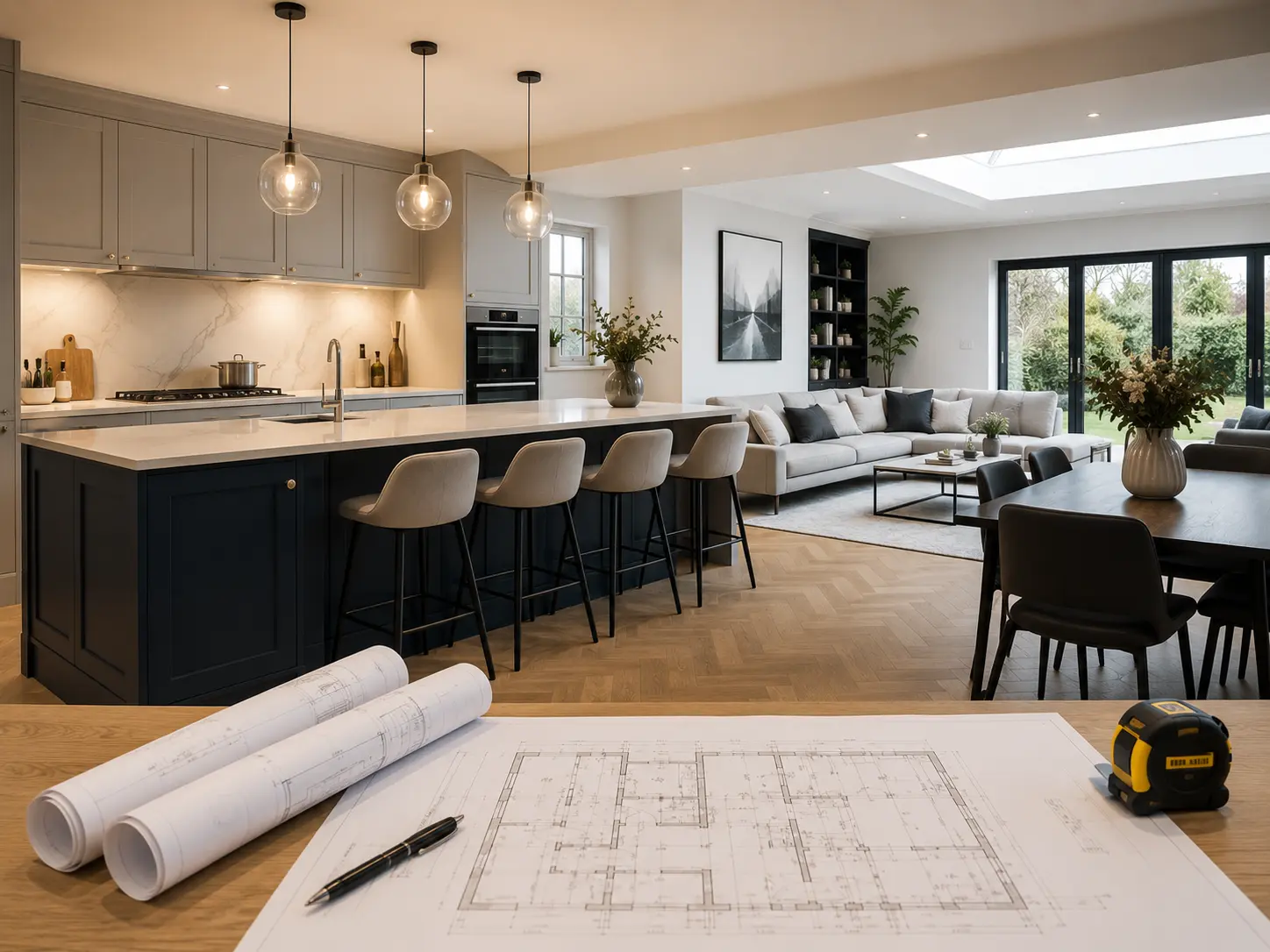 Modern home renovation in London featuring a luxury kitchen with a large island, open-plan living space and bespoke cabinetry