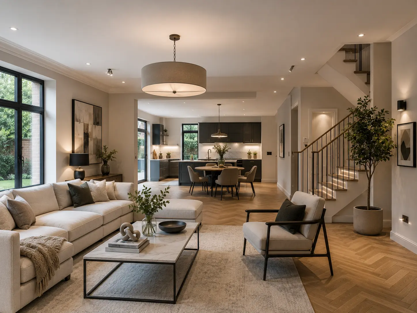 Luxury home renovation in London featuring an open-plan living space, bespoke kitchen and contemporary interior design