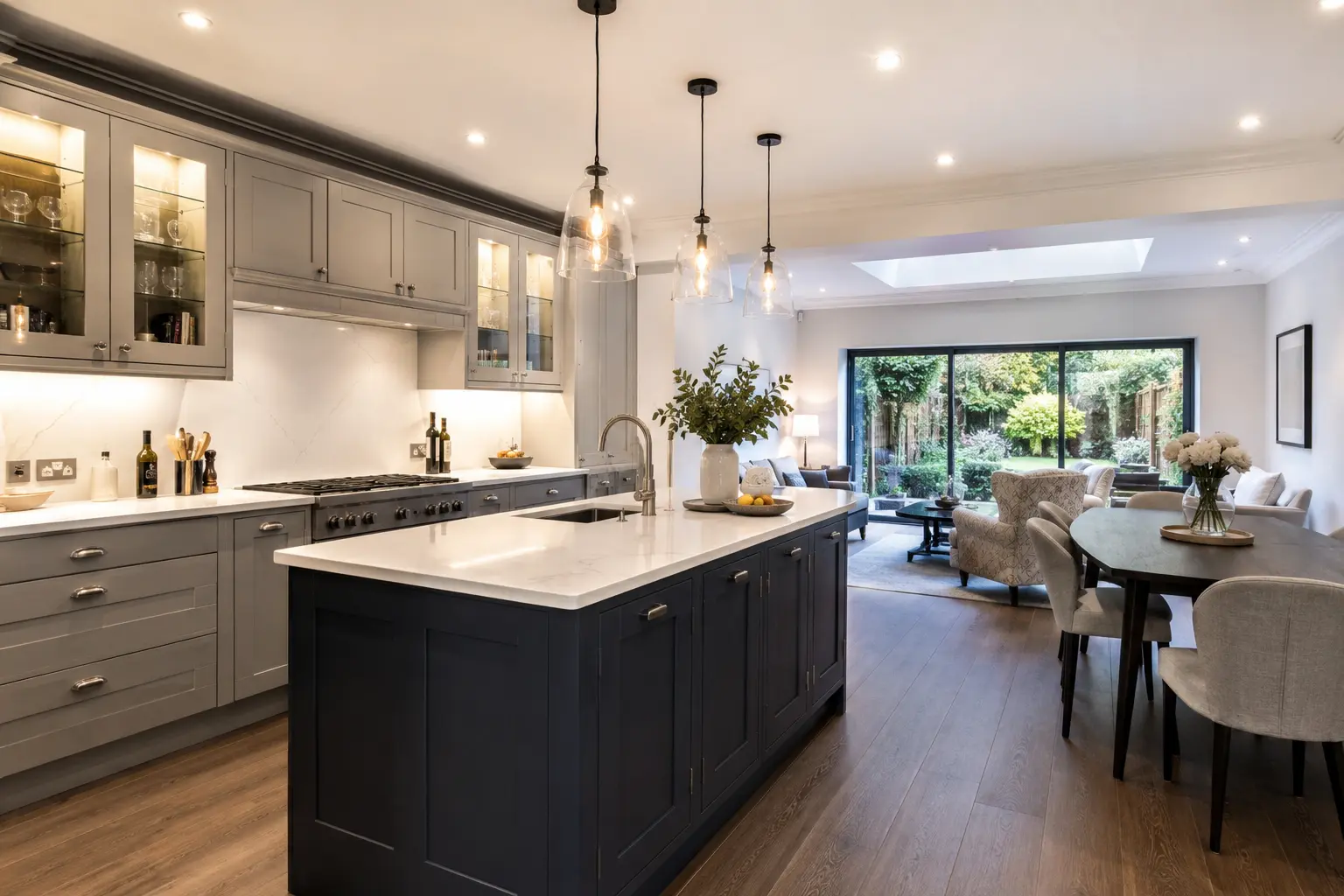 Modern kitchen renovation in London featuring a bespoke island, shaker cabinetry and open-plan dining area