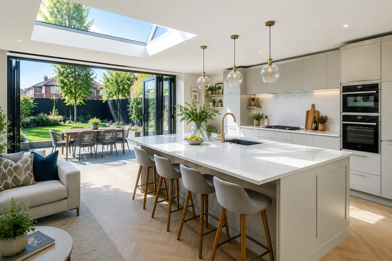 Open-plan kitchen renovation in London featuring a large island, bespoke cabinetry and full-width sliding doors