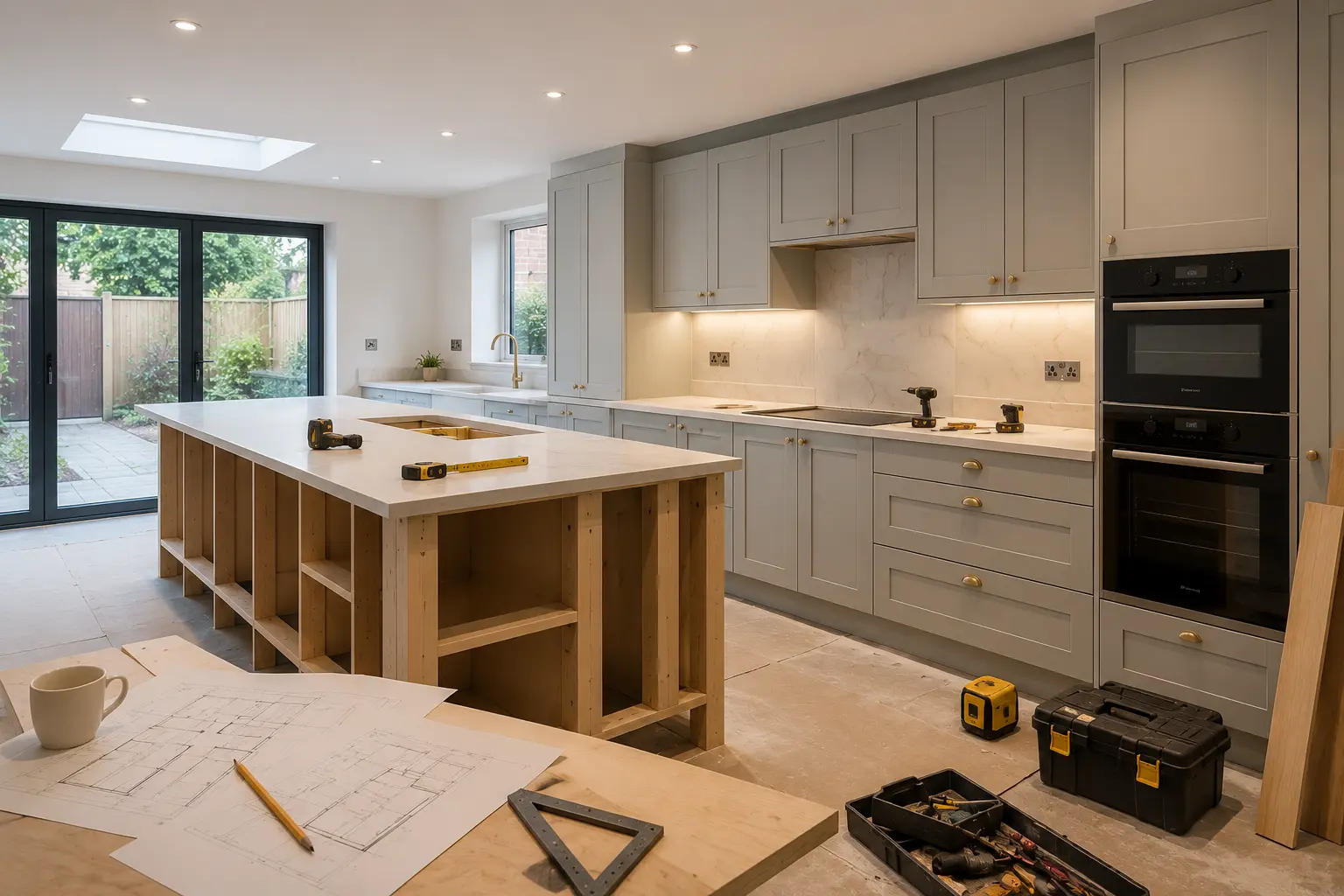 Kitchen renovation in progress in London featuring a bespoke island, shaker cabinetry and installation work