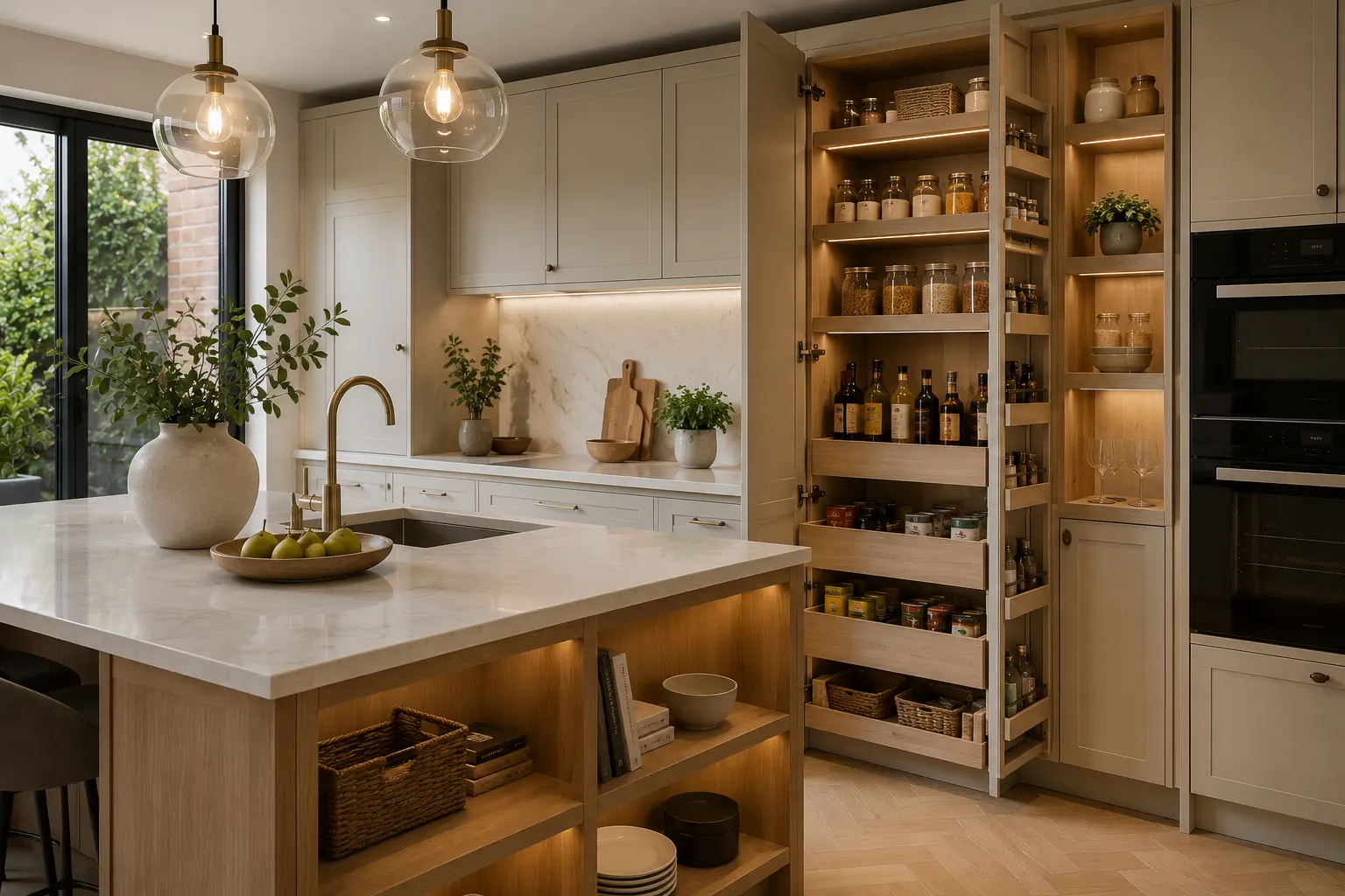 Modern kitchen renovation in London featuring bespoke pantry storage, open shelving and a large kitchen island