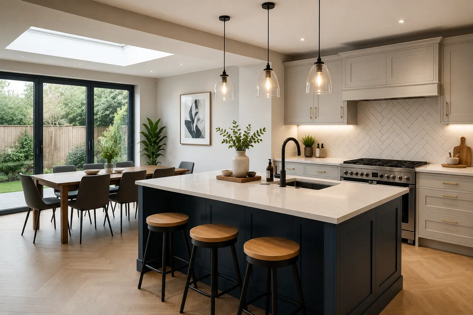 Modern kitchen layout in London featuring a large island, open-plan design and bespoke cabinetry