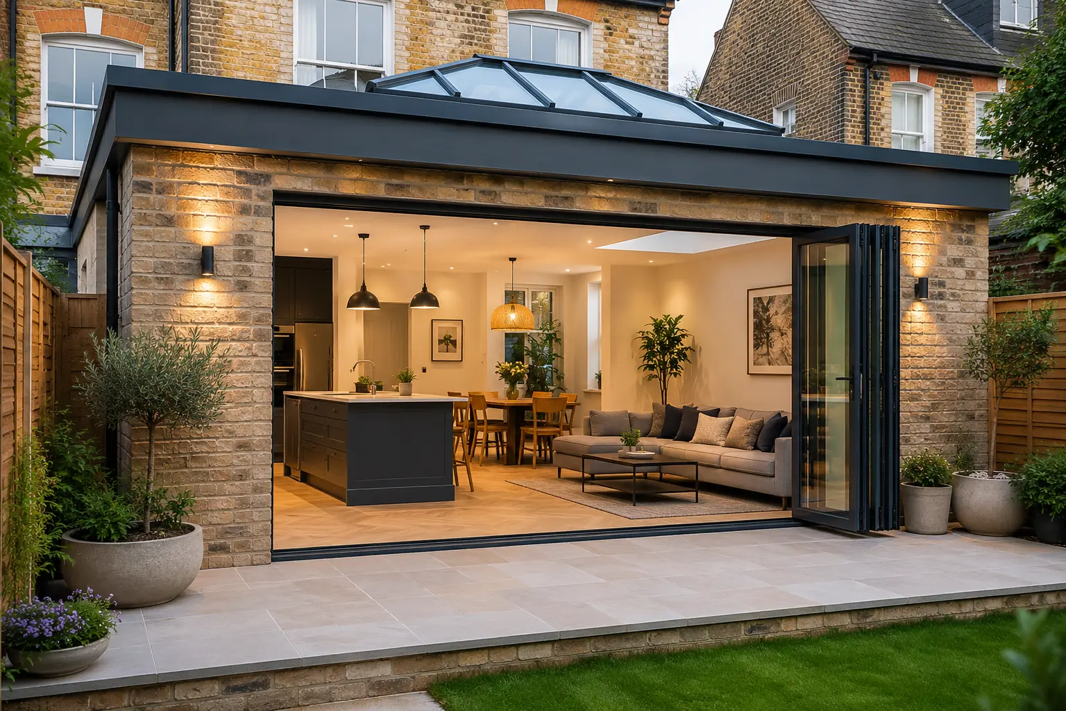 Modern rear house extension in London featuring an open-plan kitchen, living area and seamless garden access