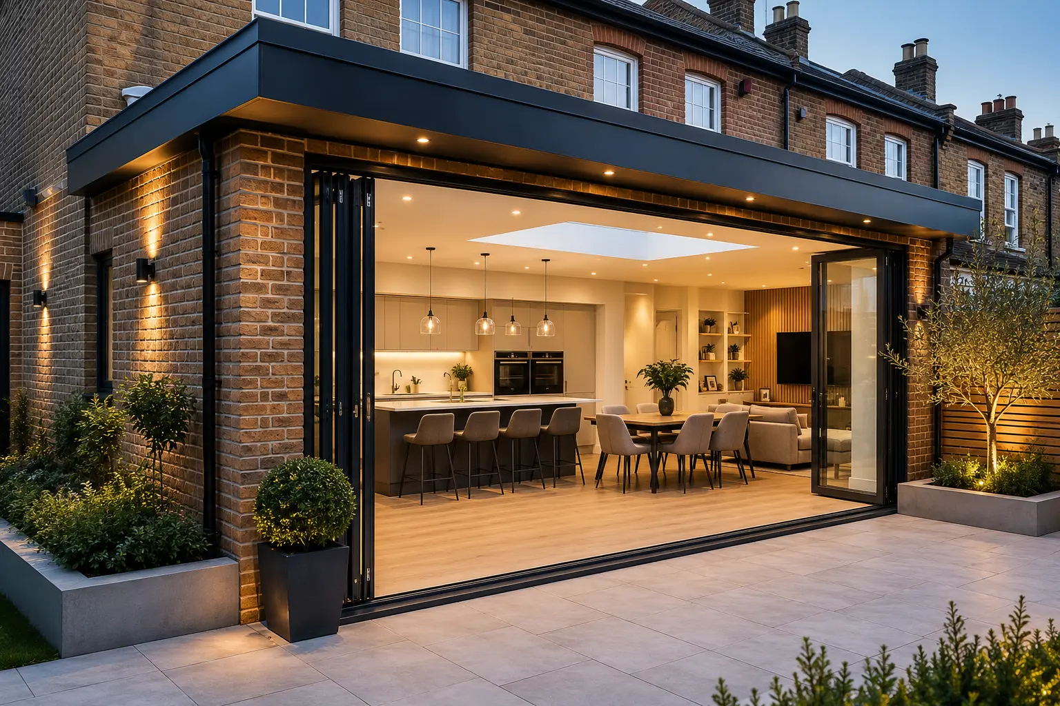 Modern rear house extension in London featuring an open-plan kitchen, dining area and full-width sliding glass doors