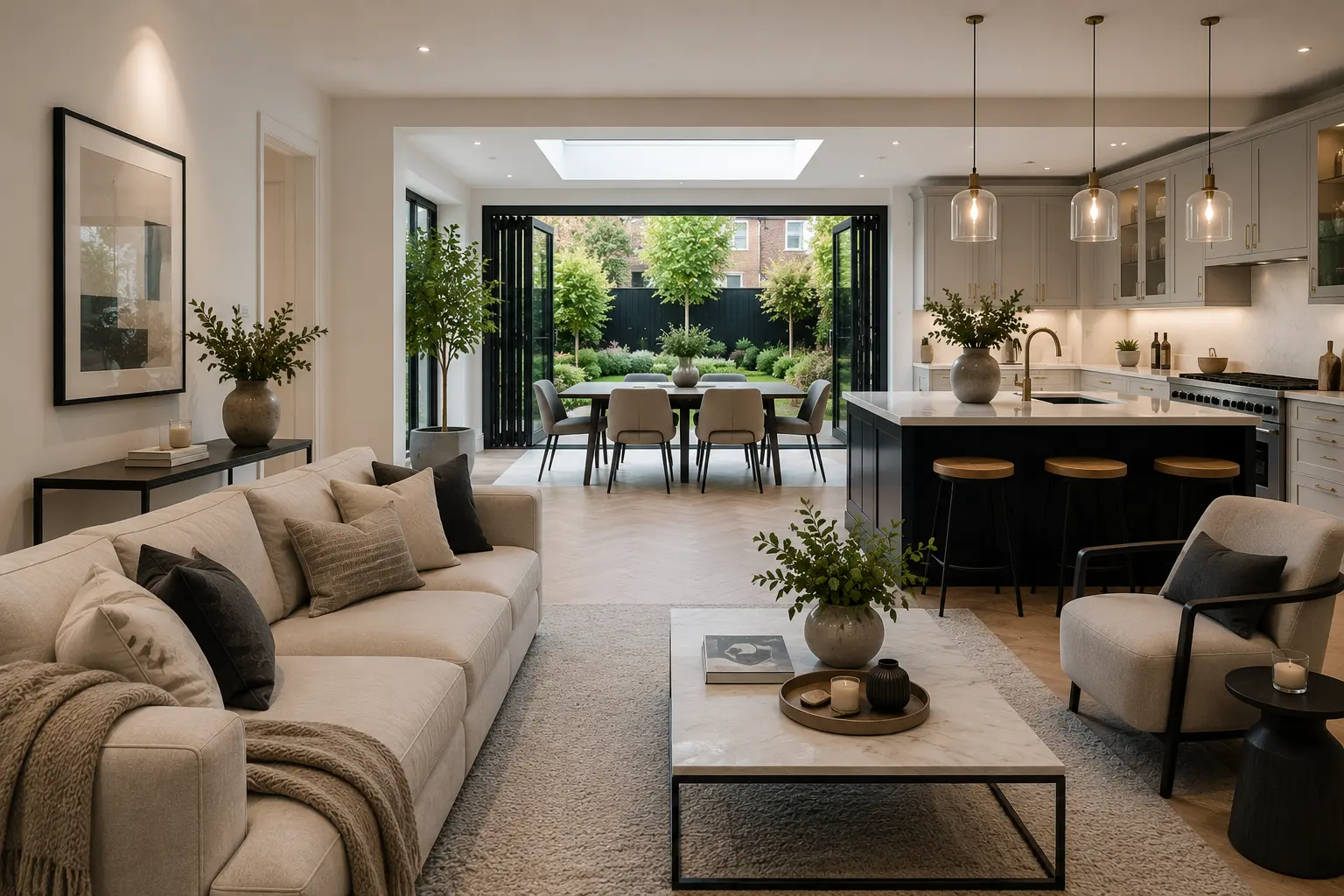 Modern open-plan living room and kitchen created through a full house refurbishment in Richmond