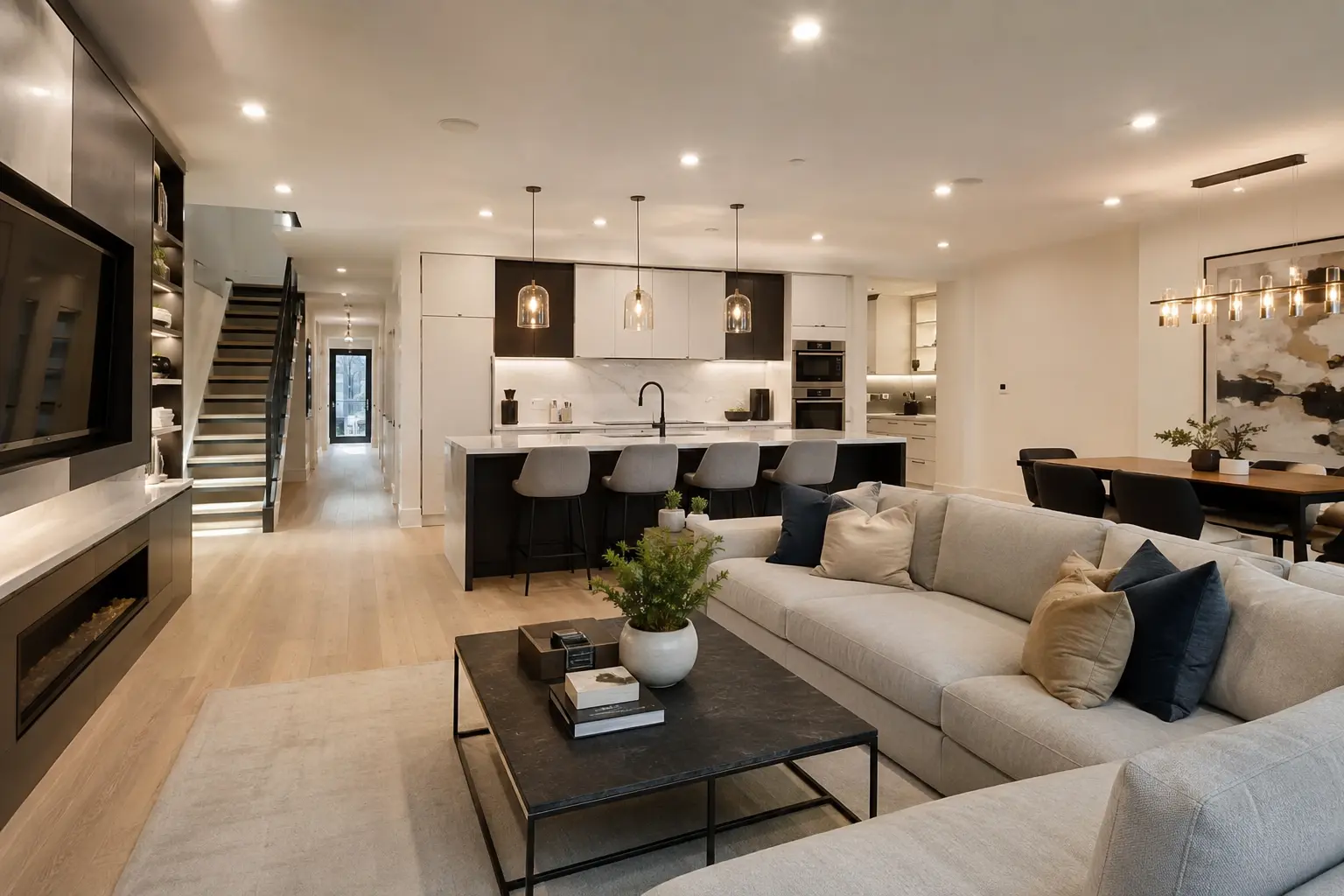 Modern full house renovation in London featuring an open-plan kitchen, dining, and living area with bespoke joinery and premium finishes.