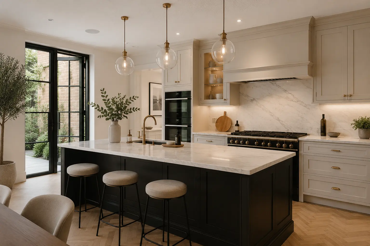 Kitchen renovation in a Chelsea period home with bespoke cabinetry, marble worktops and kitchen island