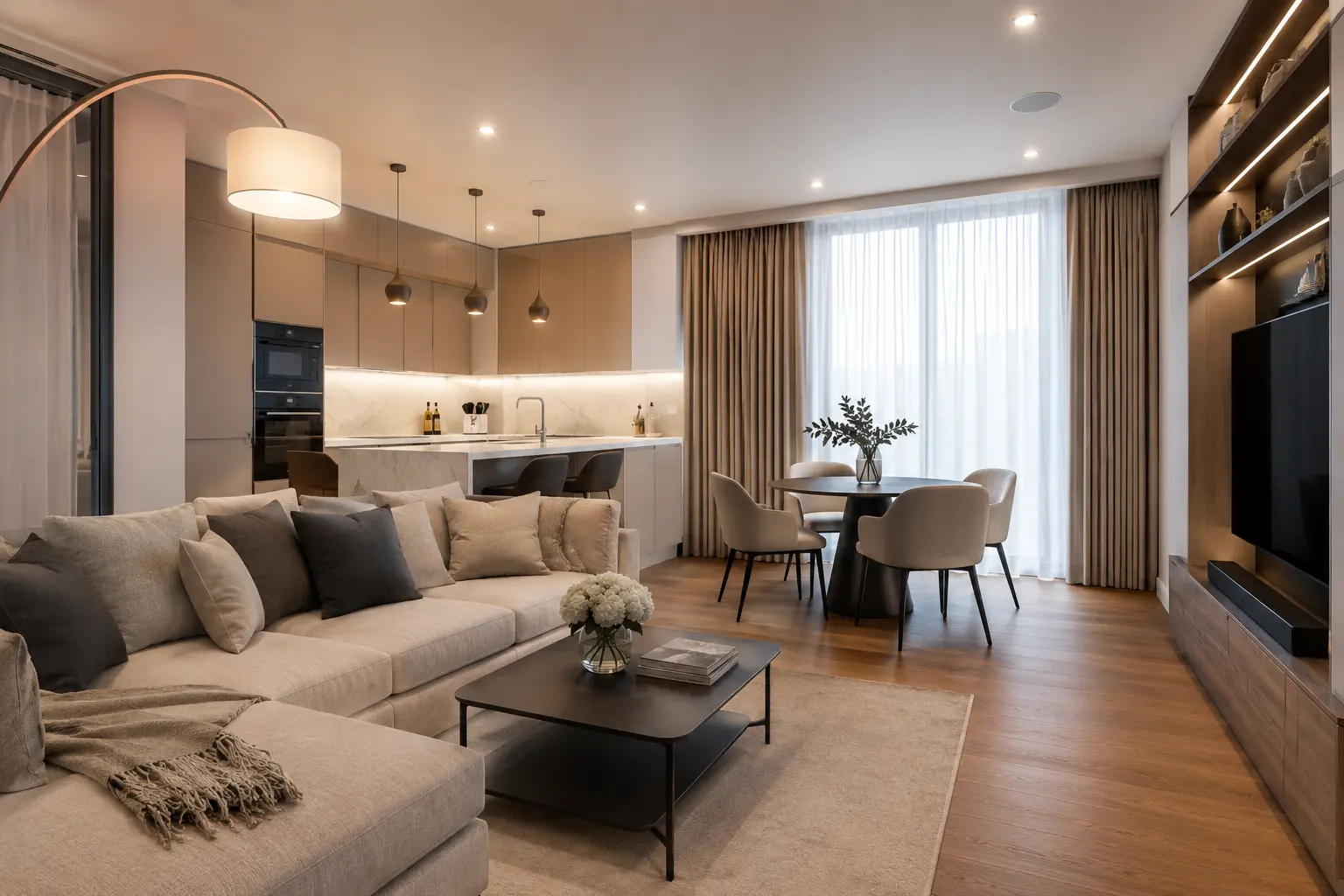 Modern flat refurbishment in London with an open-plan kitchen and living area.