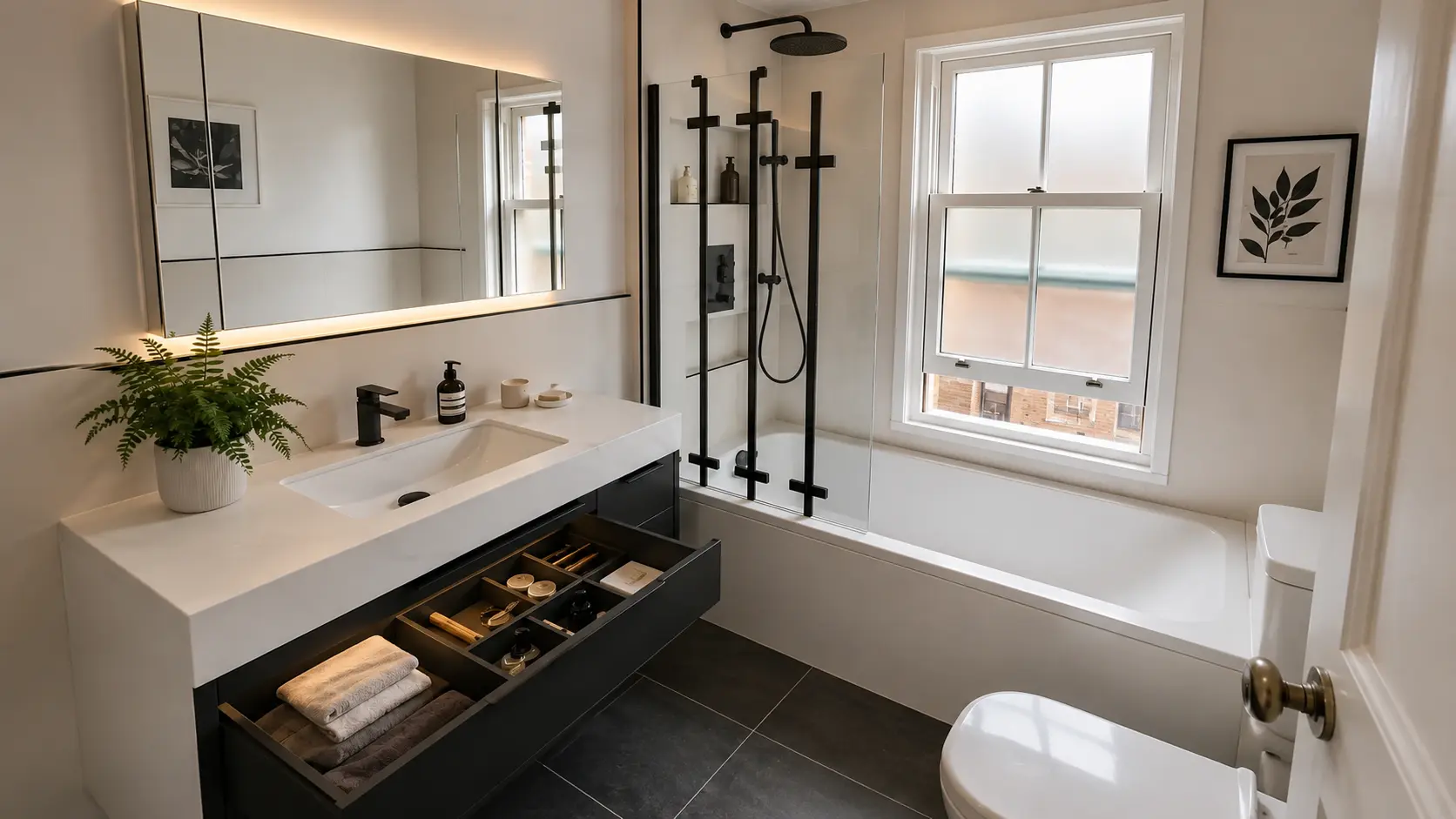 Small bathroom renovation in London with modern vanity, bathtub, shower screen and space-saving storage