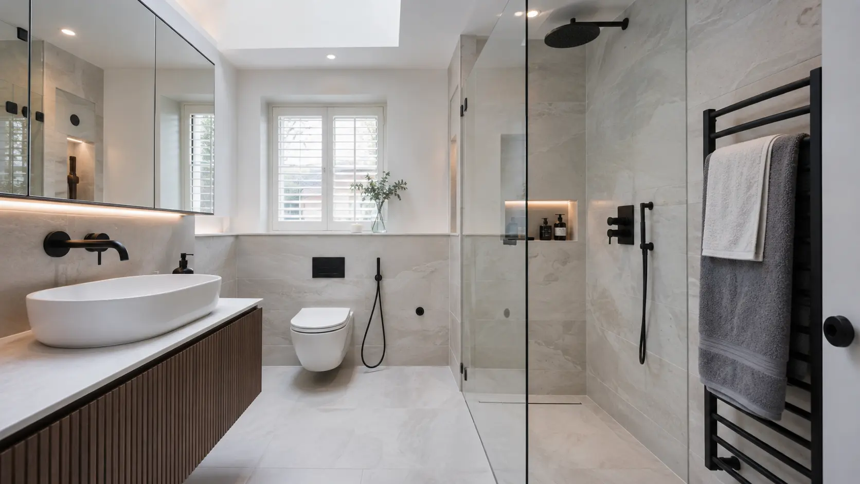 Modern bathroom renovation in London with walk-in shower, wall-mounted vanity and contemporary black fixtures.