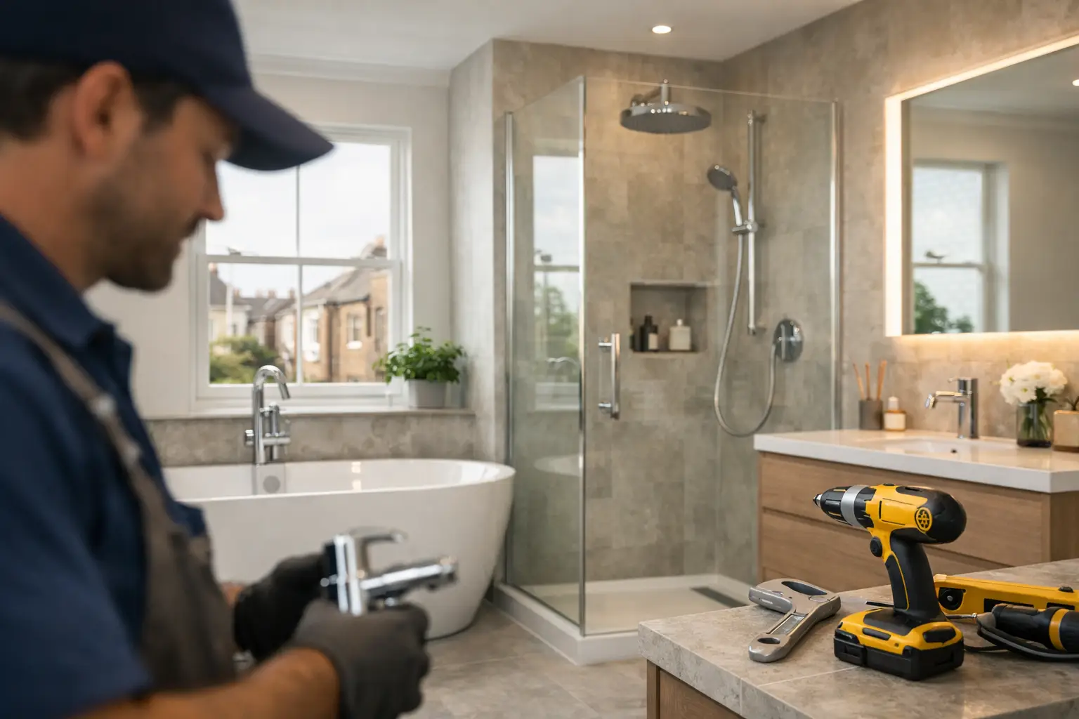 Bathroom renovation in London with walk-in shower, freestanding bath, vanity and contractor completing final installation work.