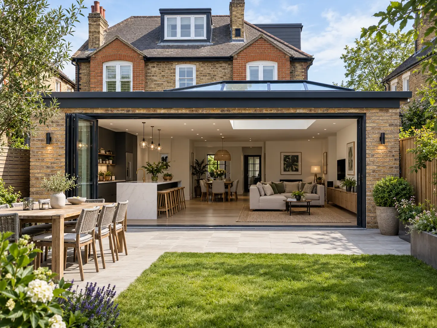 House extension in London with open-plan kitchen and family living space opening onto a landscaped garden.
