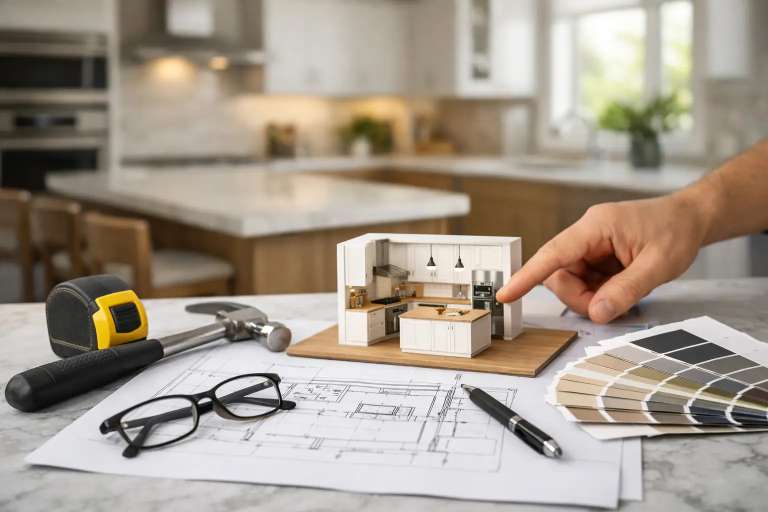 Kitchen renovation planning in London with layout drawings, material samples and a miniature kitchen model.
