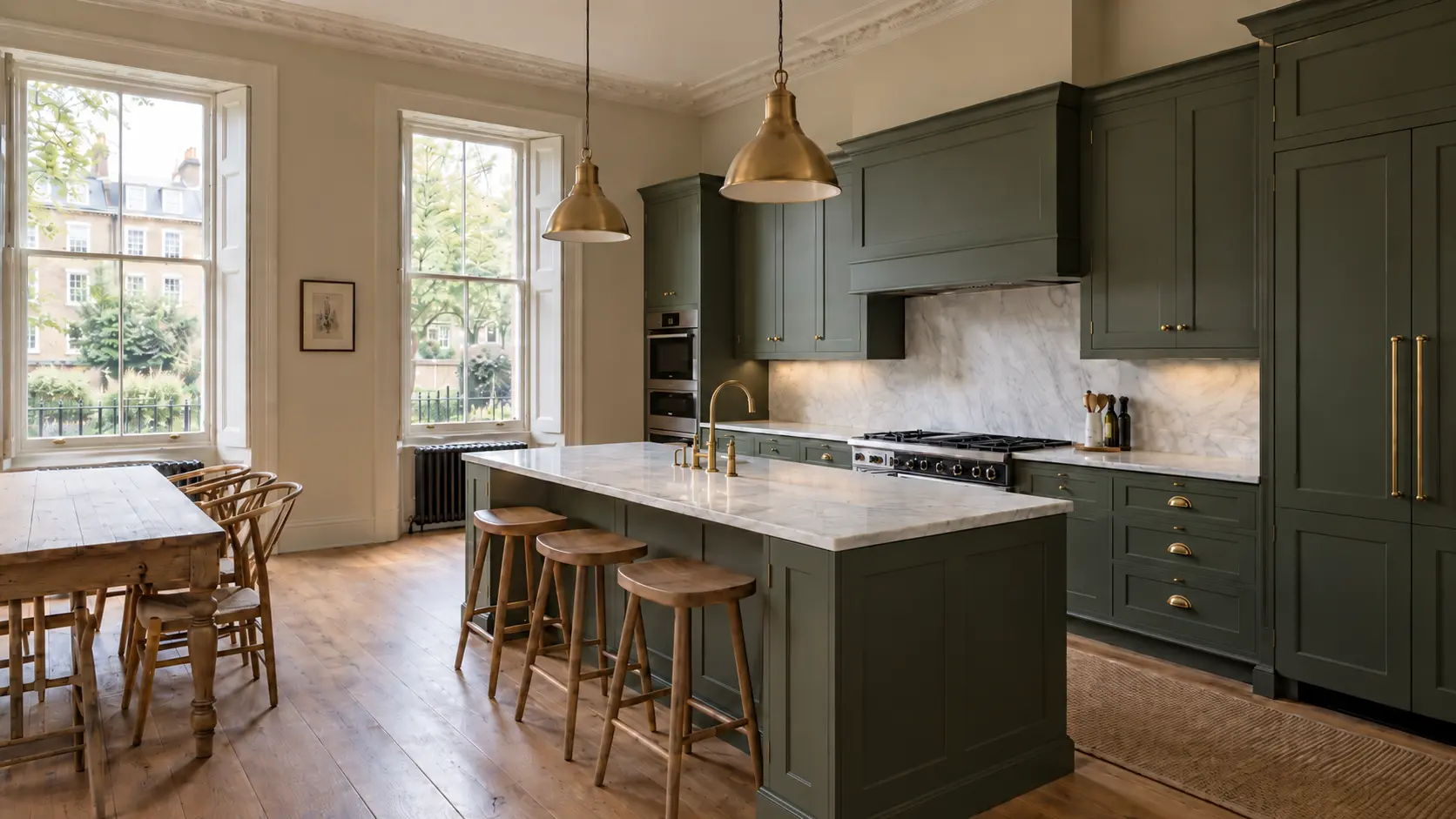 Period home kitchen renovation in Richmond with dark green cabinetry, marble worktops, brass fittings and timber flooring.