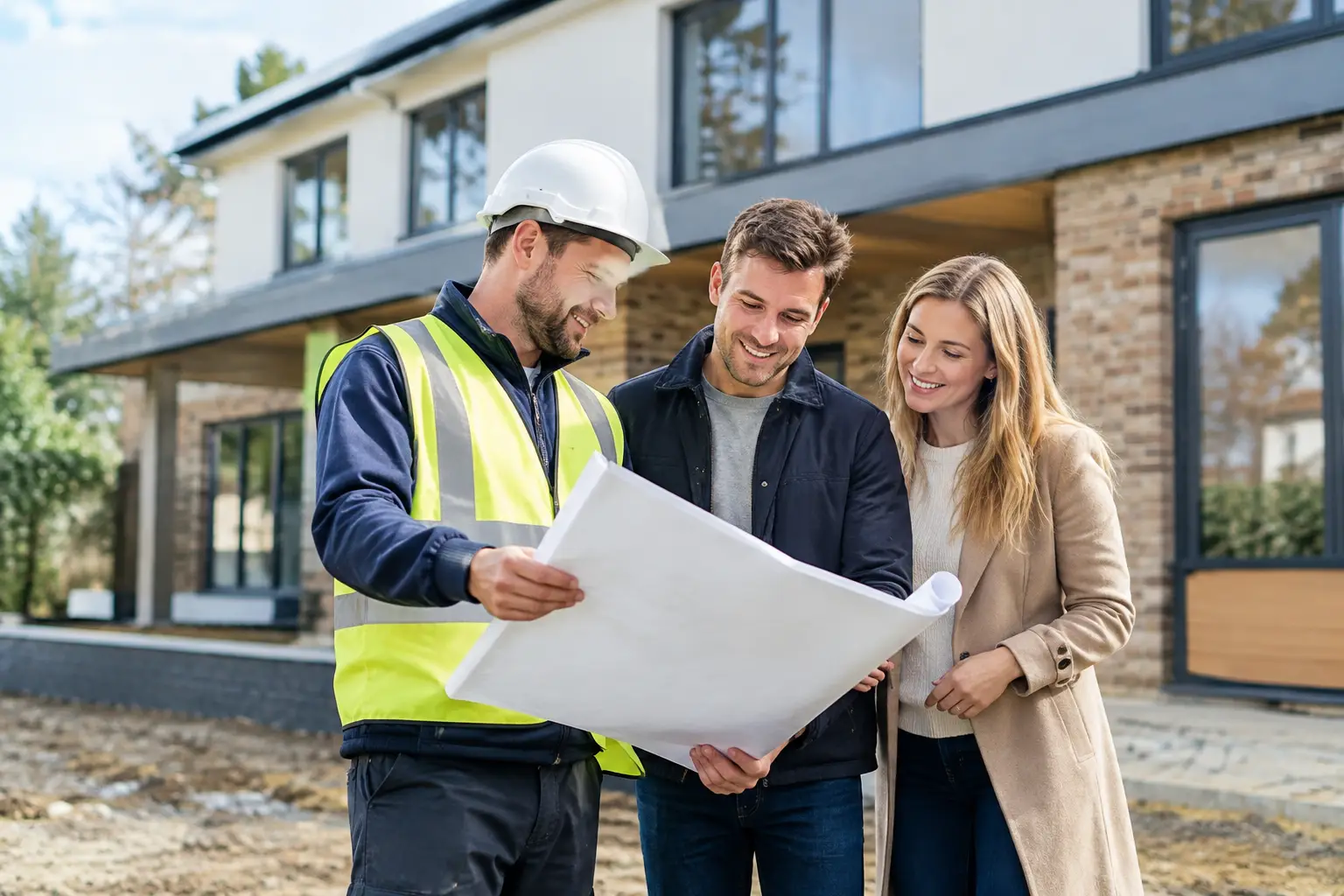 New build contractor reviewing house plans with homeowners outside a newly built home in London