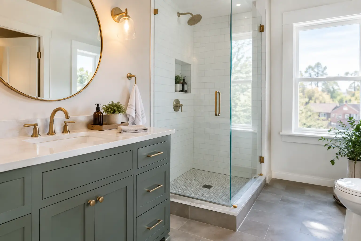 Renovated bathroom in Kensington with walk-in shower, vanity unit and brass fittings