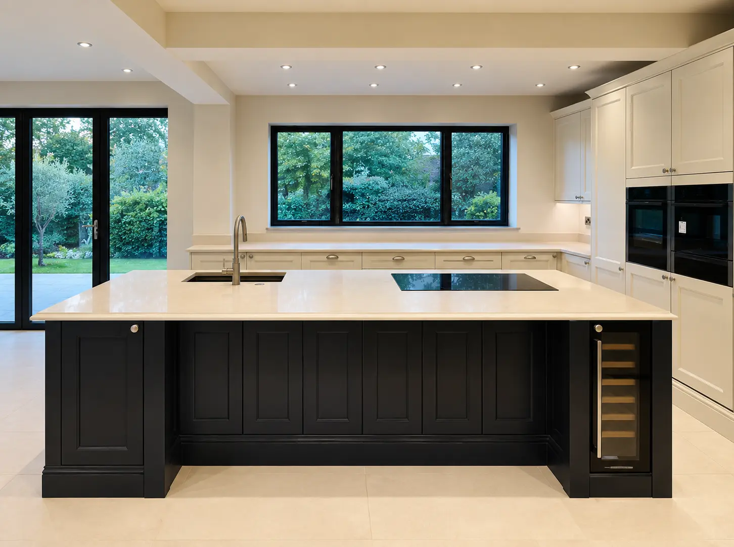 Kitchen renovation in Kensington, London with dark island, quartz worktop and Shaker cabinetry