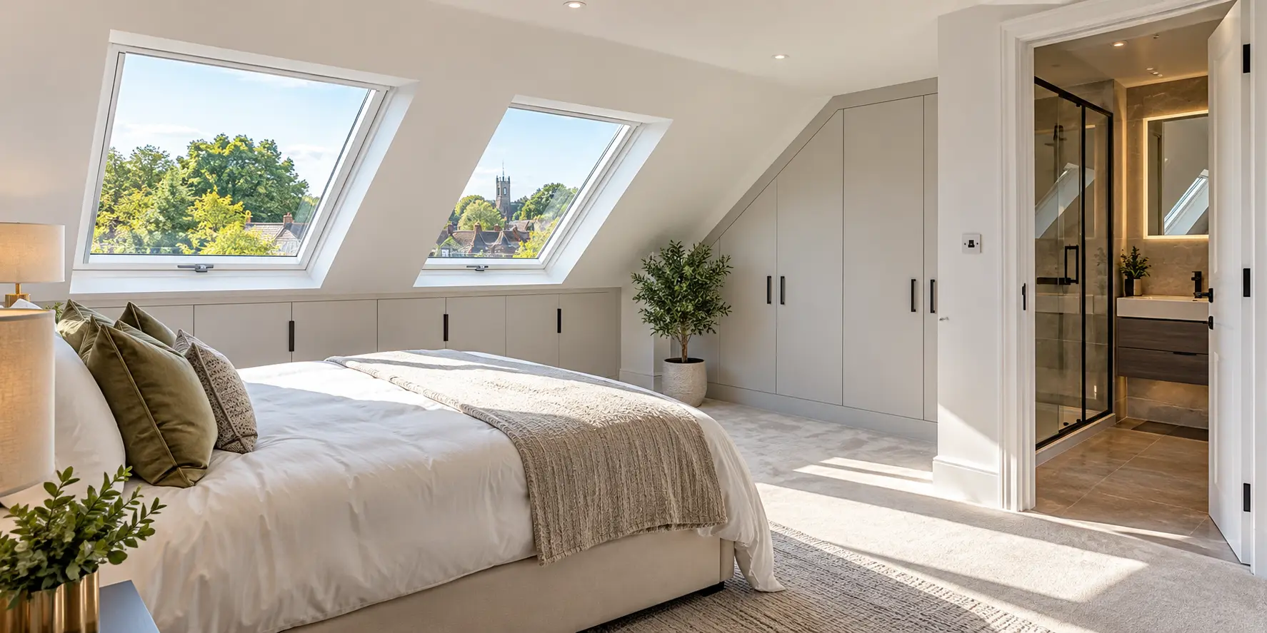 Modern loft conversion bedroom with roof windows, fitted storage and en-suite bathroom – Richmond loft conversion cost guide