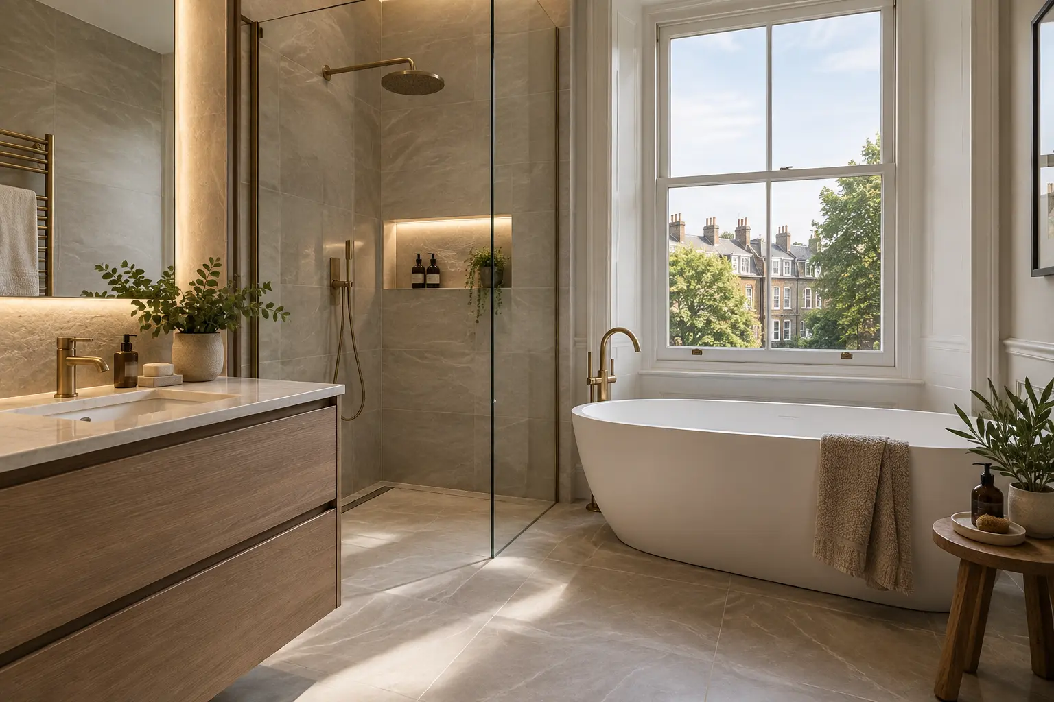 Modern bathroom renovation in a London home with walk-in shower and freestanding bath