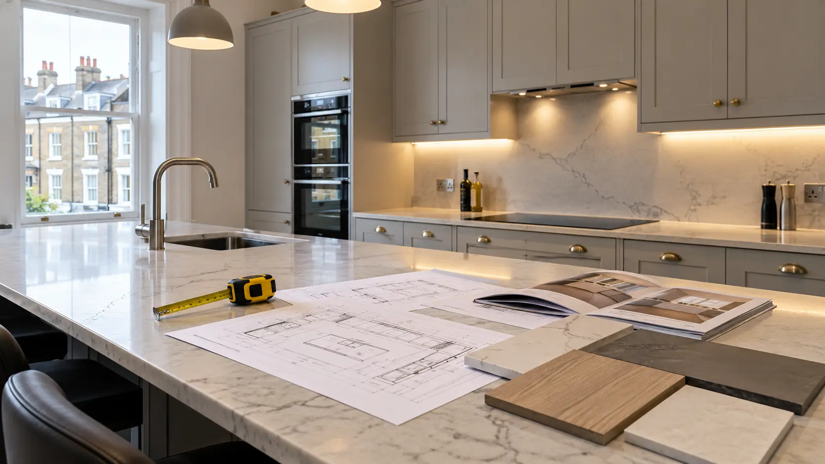 Kitchen design and planning for a London renovation with client-supplied plans, worktop samples and cabinetry specification.
