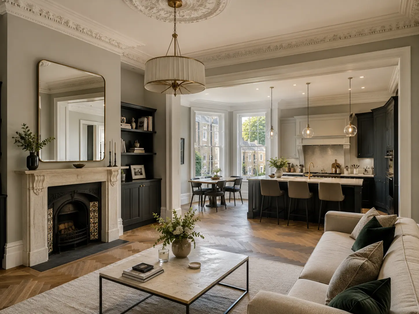 Victorian home renovation in Chelsea, London featuring restored period details, original fireplace, sash windows and bespoke modern kitchen by KK Construction London Ltd