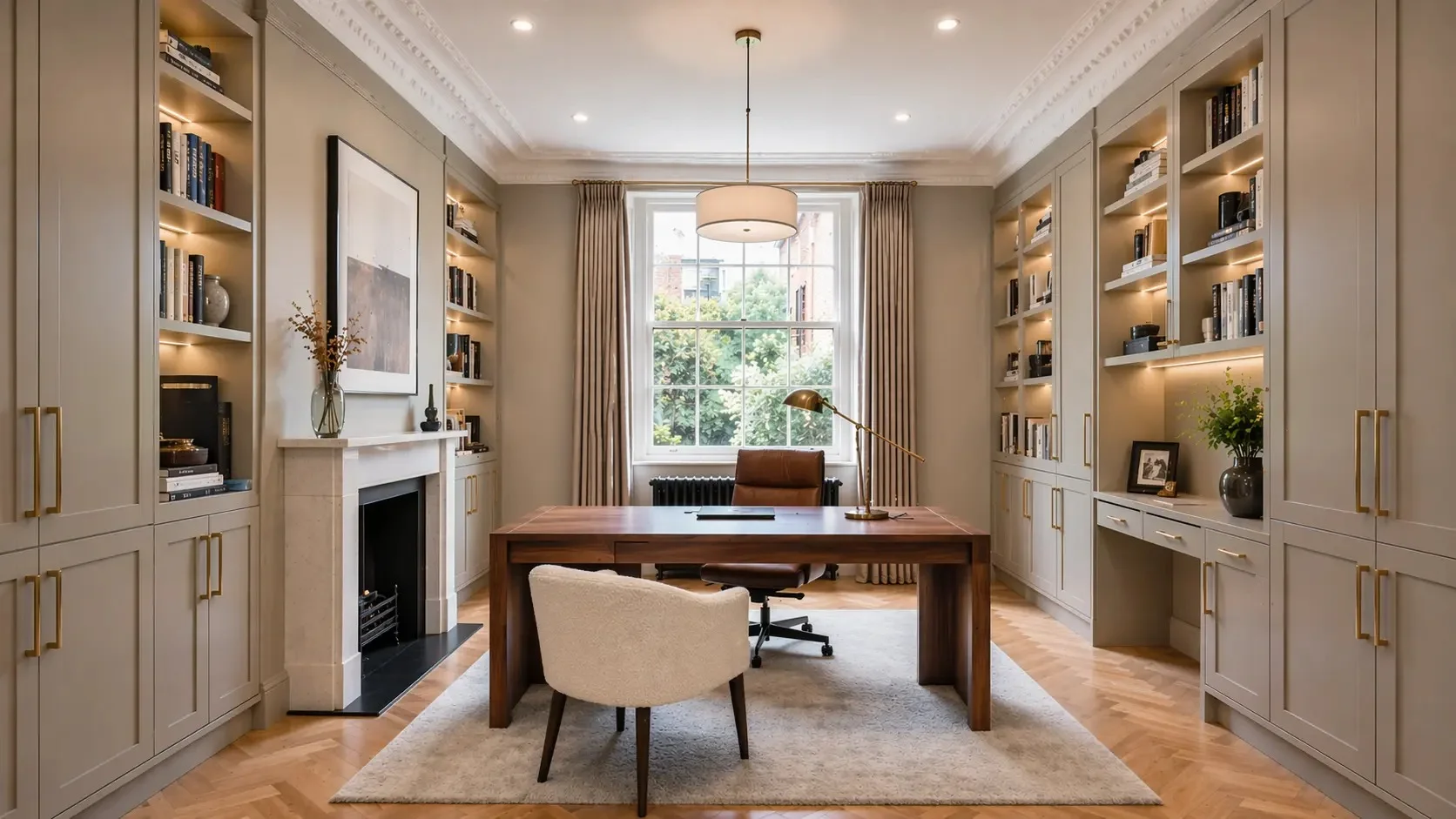 Luxury home office renovation with bespoke fitted cabinetry and integrated shelving in London